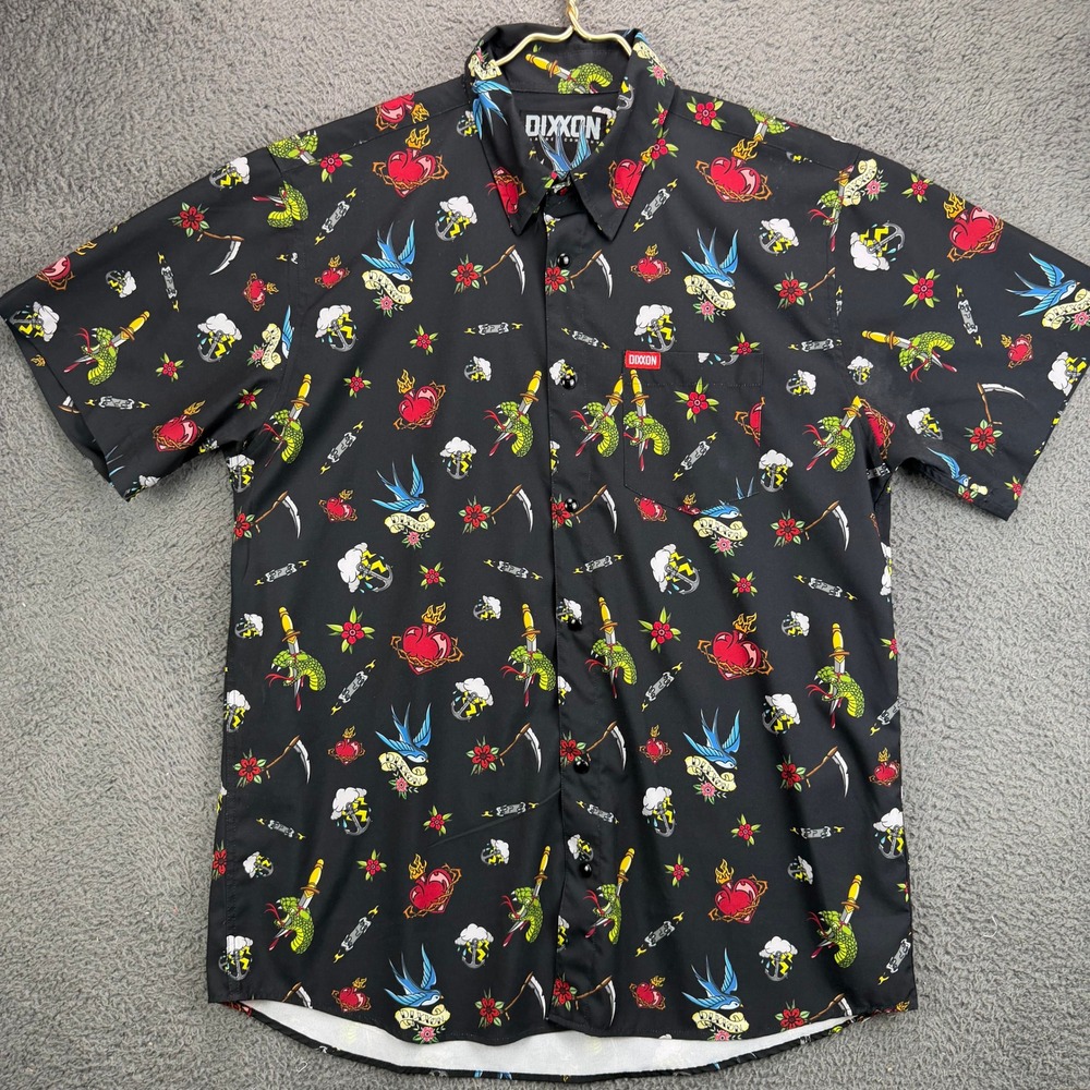 Dixxon The Flasher Short Sleeve Button Up Shirt Mens Large Black Tattoo Print